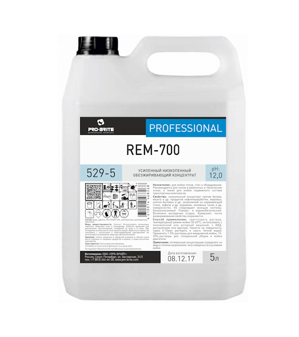 Усиленный низкопенный обезжиривающий концентрат 5л Rem-700 ph 12 (4шт/кор)