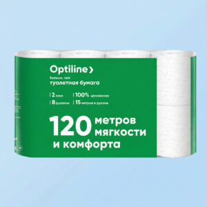 Туалетная бумага бытовая 2сл 15м/рул OptiLine белая Opt (8 рул/пач) (8 пач/упак)
