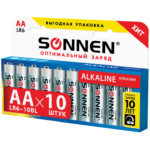 Батарейки комплект SONNEN AA, Alkaline, пальчиковые (10шт/пач)