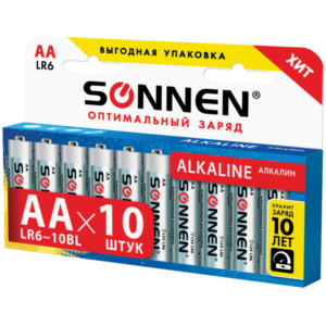 Батарейки комплект SONNEN AA, Alkaline, пальчиковые (10шт/пач)